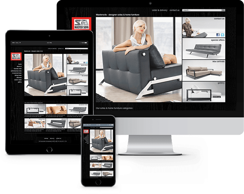 three views of a designer sofa website